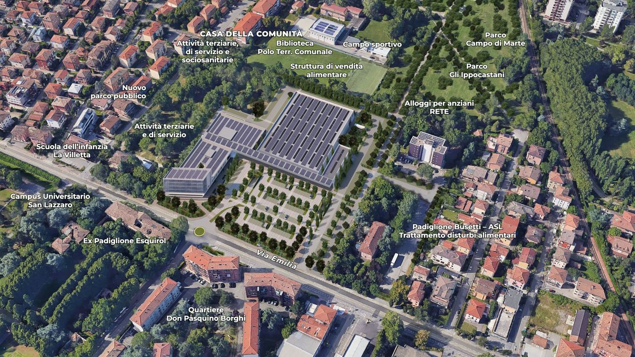 Vista aerea di progetto dell’area Emilia Ospizio a Reggio Emilia con le funzioni previste: Casa della Comunità con attività terziarie, di servizio e sociosanitarie, Biblioteca e Polo Territoriale Comunale, struttura di vendita alimentare, attività terziarie e di servizio, nuovo parco pubblico